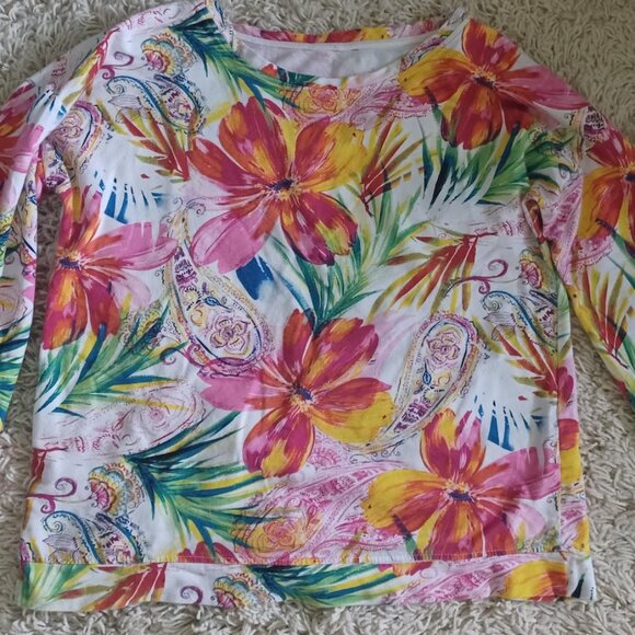 Coldwater Creek Women’s Floral Paisley Print Pullover Top Button Tab Sleeve L - Picture 1 of 7